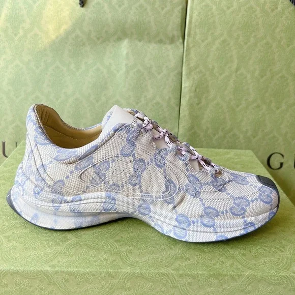 Gucci Monogram Run Runner GG Logo Sneaker Beige Blue Mens UK 8 US 8.5